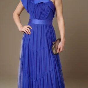 ALQUILER VESTIDO AZUL UN HOMBRO VOLADOS TALLE M