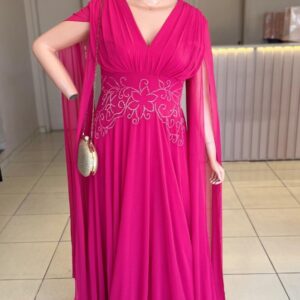 ALQUILER VESTIDO FUCSIA BORDADO CAPAS MANGAS TALLE XG