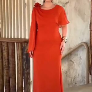 ALQUILER VESTIDO TERRACOTA MANGAS CAPA FLOR EN HOMBRO TALLE G