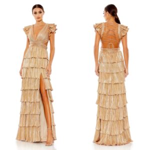ALQUILER VESTIDO BEIGE CAPAS ESPALDA CRUZADA Y TAJO TALLE P