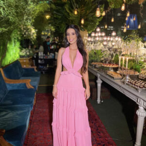 ALQUILER VESTIDO ROSA CHICLE ESPALDA CRUZADA TALLE M