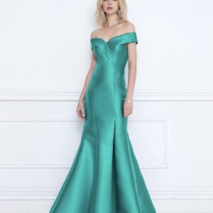 ALQUILER VESTIDO TAFETA VERDE MANGA CAIDA Y TAJO TALLE P