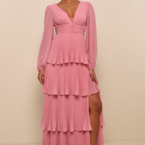 ALQUILER VESTIDO ROSA MANGAS LARGAS, PLISADO Y CAPAS EN FALDA TALLE XP