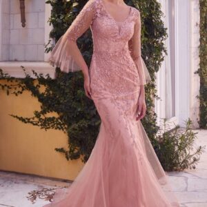 ALQUILER VESTIDO ROSA TUL BORDADO MANGAS LARGAS CORTE SIRENA TALLE M