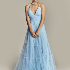 ALQUILER VESTIDO CELESTE TUL TIRAS TRENZA TALLE G