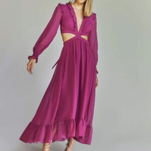 ALQUILER VESTIDO MIDI MAGENTA ABERTURA EN CINTURA Y ESPALDA CRUZADA TALLE M