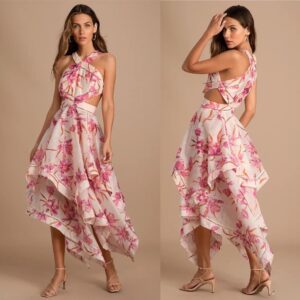 ALQUILER VESTIDO MIDI IRREGULAR ESTAMPADO TALLE P CON ETIQUETA