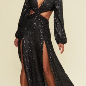 ALQUILER VESTIDO NEGRO LENTEJUELAS ABERTURAS TALLE P
