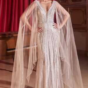 ALQUILER VESTIDO PLATEADO TIRAS BRILLOSAS XG CON MANGA TIPO CAPA