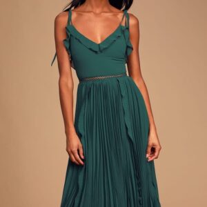 ALQUILER VESTIDO MIDI VERDE PLISADO TALLE G