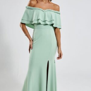 ALQUILER VESTIDO VERDE AGUA HOMBROS DESCUBIERTOS TRENZADO TALLE G