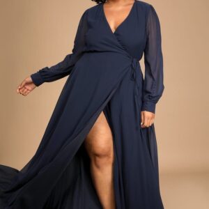 ALQUILER VESTIDO AZUL MARINO GASA AJUSTABLE MANGAS LARGAS TALLE G