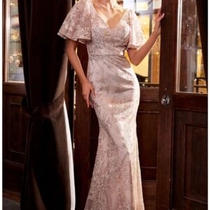 ALQUILER VESTIDO ROSA ENCAJE CON MANGAS CORTE SIRENA TALLE G