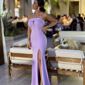 ALQUILER VESTIDO LAVANDA LISO TIRAS EN CUELLO TALLE P