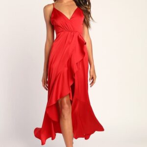ALQUILER VESTIDO ROJO MIDI SEDA CON VOLADOS EN FALDA TALLE M